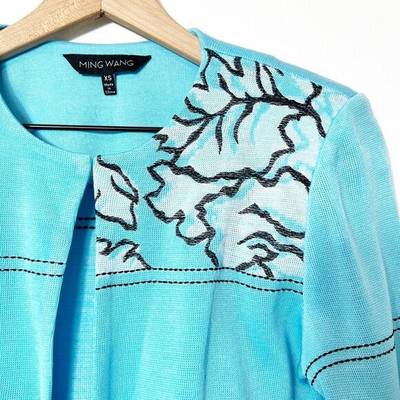 Ming Wang Blue White Jacket Black Sleeve Embroidered Jacket XS New - Picture 5 of 8